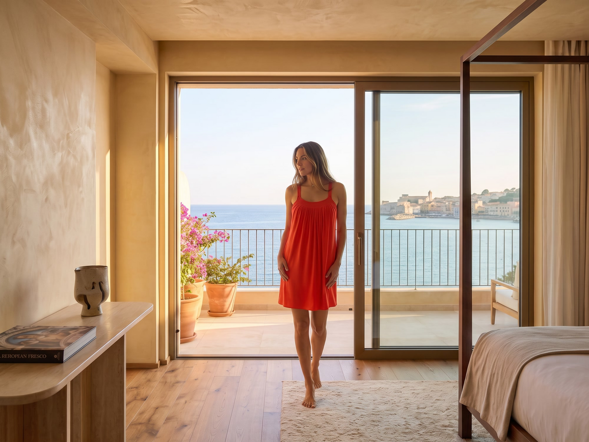 Woman standing in bedroom in JJ poppy colored Sweetheart Nightgown.